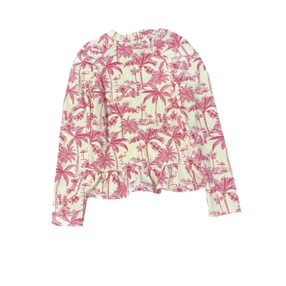 Janie And Jack Girls Ruffle Hem Long Sleeve rashguard With Pink Flamingo Print 7